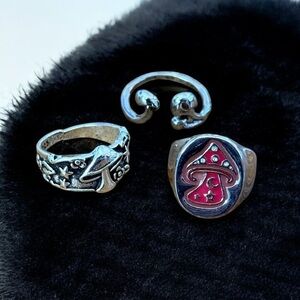 Silver and Pink Mushroom Ring Set